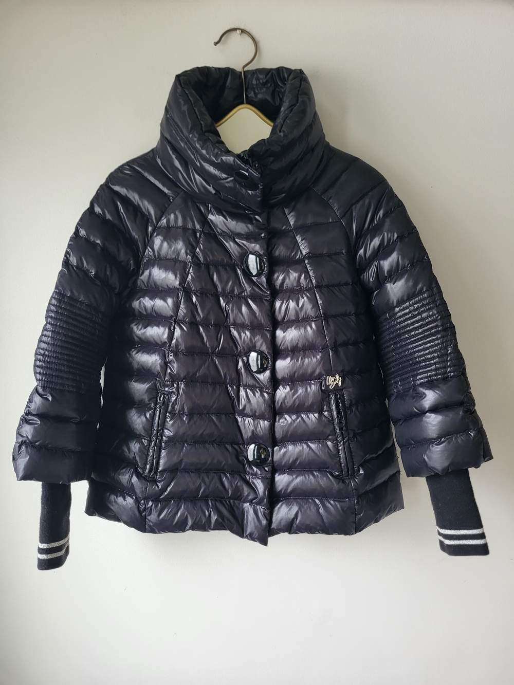 Miss Sixty 2000s Style Shiny Black Funnel Neck Quilted A-line Puffer Jacket